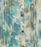 Multiples Crinkle Woven Printed Point Collar 3/4 Cinched Roll Tab Cuff Sleeve Button Front Shirt