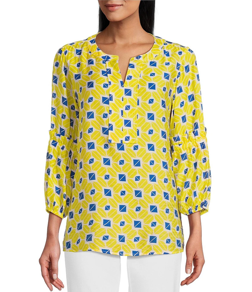 Multiples Geo Print Crinkle Woven Y-Neck 3/4 Bishop Sleeve Side Slit Top