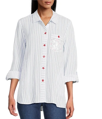 Multiples Crinkle Woven Stars And Stripe Printed Point Collar Long Roll-Tab Sleeve Hi-Low Hem Button Front Shirt