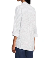 Multiples Crinkle Woven Stars And Stripe Printed Point Collar Long Roll-Tab Sleeve Hi-Low Hem Button Front Shirt