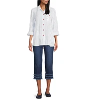 Multiples Crinkle Woven Stars And Stripe Printed Point Collar Long Roll-Tab Sleeve Hi-Low Hem Button Front Shirt