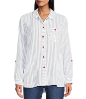 Multiples Crinkle Woven Stars And Stripe Printed Point Collar Long Roll-Tab Sleeve Hi-Low Hem Button Front Shirt