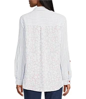 Multiples Crinkle Woven Stars And Stripe Printed Point Collar Long Roll-Tab Sleeve Hi-Low Hem Button Front Shirt