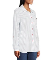 Multiples Crinkle Woven Stars And Stripe Printed Point Collar Long Roll-Tab Sleeve Hi-Low Hem Button Front Shirt