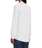 Multiples Crinkle Woven Stars And Stripe Printed Point Collar Long Roll-Tab Sleeve Hi-Low Hem Button Front Shirt