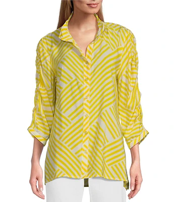 Multiples Crinkle Woven Wire Collar 3/4 Shirred Sleeve Hi-Low Hem Button-Front Shirt