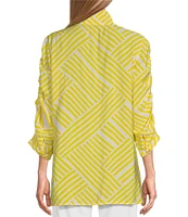Multiples Crinkle Woven Wire Collar 3/4 Shirred Sleeve Hi-Low Hem Button-Front Shirt