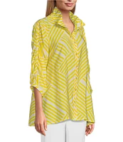 Multiples Crinkle Woven Wire Collar 3/4 Shirred Sleeve Hi-Low Hem Button-Front Shirt