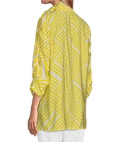 Multiples Crinkle Woven Wire Collar 3/4 Shirred Sleeve Hi-Low Hem Button-Front Shirt