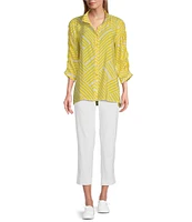Multiples Crinkle Woven Wire Collar 3/4 Shirred Sleeve Hi-Low Hem Button-Front Shirt