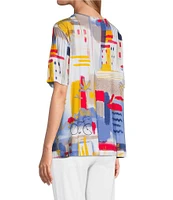 Multiples Embellished Printed Scoop Neck Short Sleeve Fitted Knit Top
