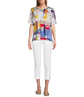 Multiples Embellished Printed Scoop Neck Short Sleeve Fitted Knit Top