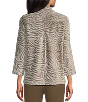 Multiples Embossed Plush Zebra Print Stand Collar 3/4 Sleeve Fitted Jacket