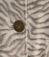 Multiples Embossed Plush Zebra Print Stand Collar 3/4 Sleeve Fitted Jacket