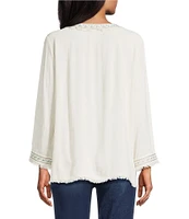 Multiples Embroidered Textured V-Neck 3/4 Sleeve Fringe Edge Top