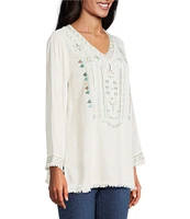 Multiples Embroidered Textured V-Neck 3/4 Sleeve Fringe Edge Top