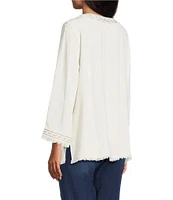 Multiples Embroidered Textured V-Neck 3/4 Sleeve Fringe Edge Top