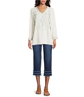 Multiples Embroidered Textured V-Neck 3/4 Sleeve Fringe Edge Top