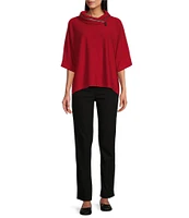 Multiples Faux-Zipper Trim Mock Neck 3/4 Dolman Sleeve Hi-Low Hem Sweater Knit Top