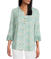 Multiples Georgette Printed Split V-Neck 3/4 Pleated Flounce Sleeve Knit Top