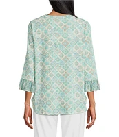 Multiples Georgette Printed Split V-Neck 3/4 Pleated Flounce Sleeve Knit Top