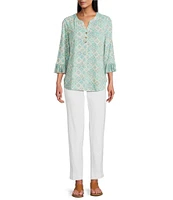 Multiples Georgette Printed Split V-Neck 3/4 Pleated Flounce Sleeve Knit Top