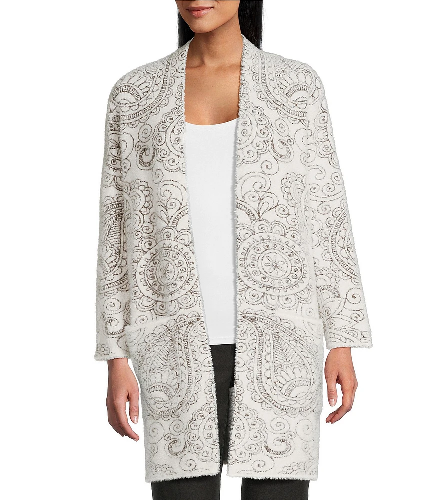 Multiples Jacquard Sweater Knit Paisley 3/4 Sleeve Open-Front Cardigan