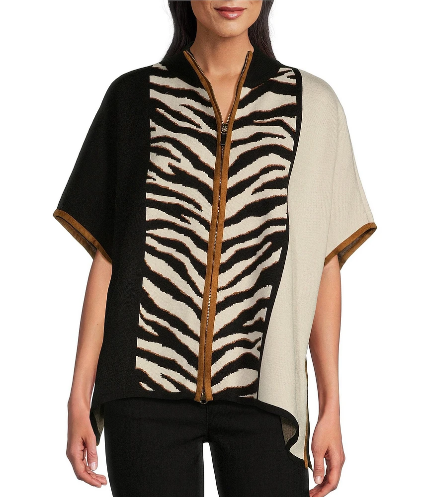 Multiples Zebra Print Color Block Mock Neck Elbow Dolman Sleeve Zip Front Sweater