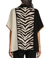 Multiples Zebra Print Color Block Mock Neck Elbow Dolman Sleeve Zip Front Sweater