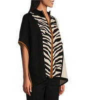 Multiples Zebra Print Color Block Mock Neck Elbow Dolman Sleeve Zip Front Sweater