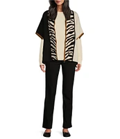 Multiples Zebra Print Color Block Mock Neck Elbow Dolman Sleeve Zip Front Sweater