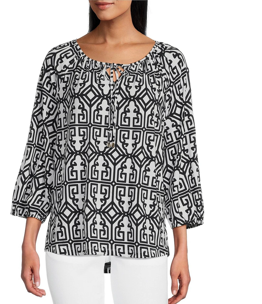 Multiples Knit Printed Split V-Neck 3/4 Raglan Sleeve Hi-Low Hem Peasant Top