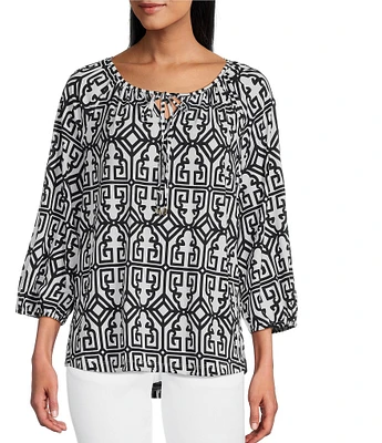 Multiples Knit Printed Split V-Neck 3/4 Raglan Sleeve Hi-Low Hem Peasant Top