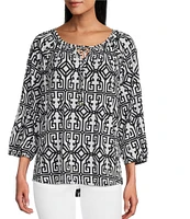 Multiples Knit Printed Split V-Neck 3/4 Raglan Sleeve Hi-Low Hem Peasant Top