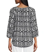 Multiples Knit Printed Split V-Neck 3/4 Raglan Sleeve Hi-Low Hem Peasant Top