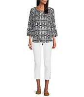 Multiples Knit Printed Split V-Neck 3/4 Raglan Sleeve Hi-Low Hem Peasant Top