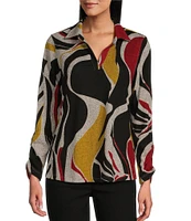 Multiples Knit Wave Abstract Print Collared V-Neck Long Ruched Detail Sleeve Top