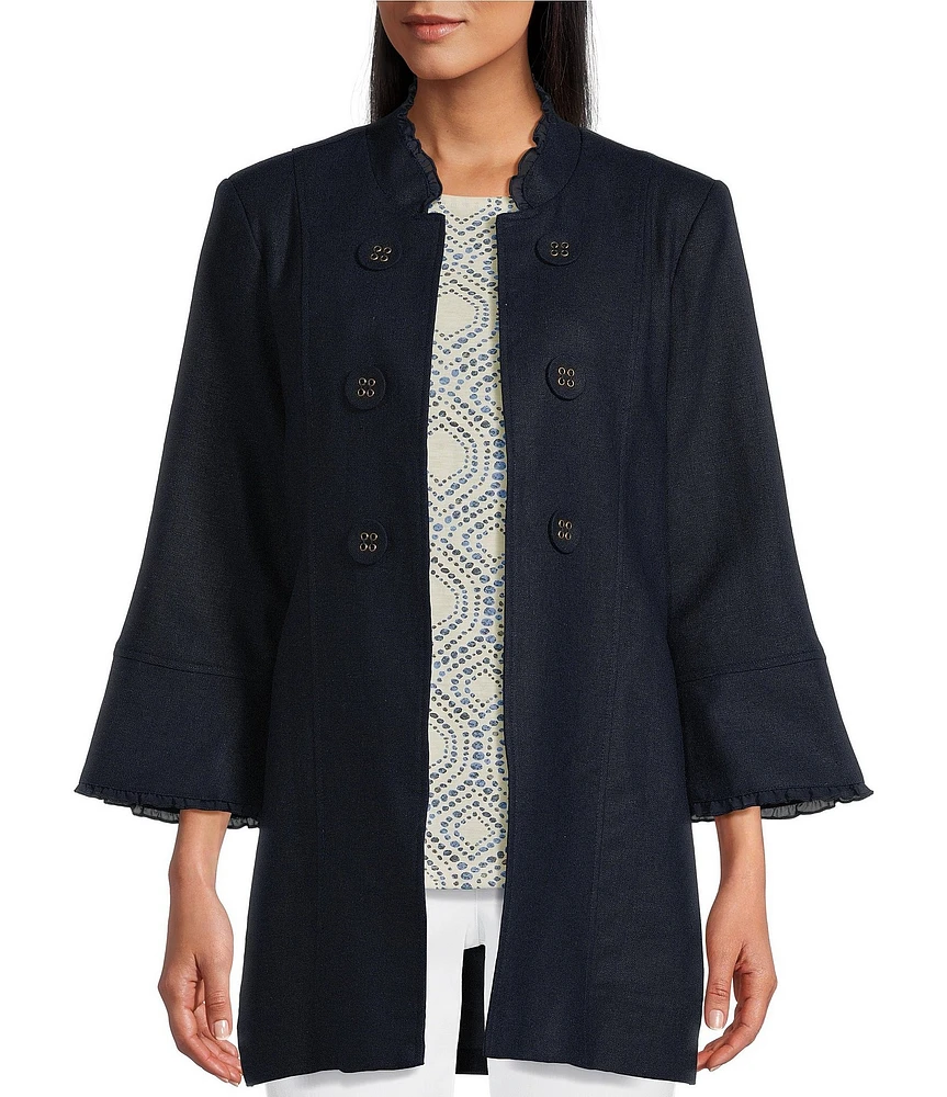 Multiples Linen-Blend Stand Collar 3/4 Flounce Sleeve Open Front Jacket