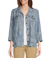 Multiples Lyocell Geometric Patchwork Print Ruffle Fringe Trim Button-Front Jean Jacket