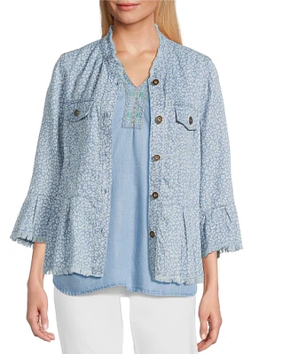 Multiples Lyocell Printed Point Collar 3/4 Flounce Sleeve Button Front Peplum Jacket