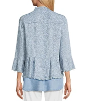 Multiples Lyocell Printed Point Collar 3/4 Flounce Sleeve Button Front Peplum Jacket