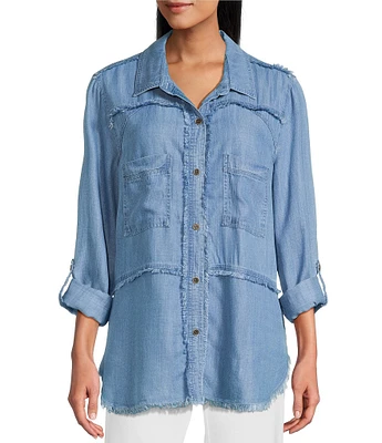 Multiples Lyocell Twill Point Collar Long Roll-Tab Sleeve Button-Front Fringed Shirt
