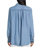 Multiples Lyocell Twill Point Collar Long Roll-Tab Sleeve Button-Front Fringed Shirt