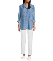 Multiples Lyocell Twill Point Collar Long Roll-Tab Sleeve Button-Front Fringed Shirt
