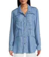 Multiples Lyocell Twill Point Collar Long Roll-Tab Sleeve Button-Front Fringed Shirt