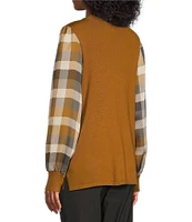 Multiples Mixed-Media Scalloped Neck Long Plaid Sleeve Fitted Sweater