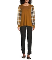 Multiples Mixed-Media Scalloped Neck Long Plaid Sleeve Fitted Sweater