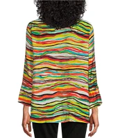 Multiples Multicolor Wave Print Stand Collar 3/4 Flounce Sleeve Button-Front Jacket