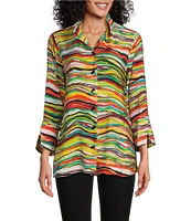 Multiples Multicolor Wave Print Stand Collar 3/4 Flounce Sleeve Button-Front Jacket