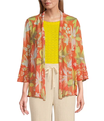Multiples Onionskin Melon Print Shawl Neck 3/4 Flounce Sleeve Open-Front Jacket